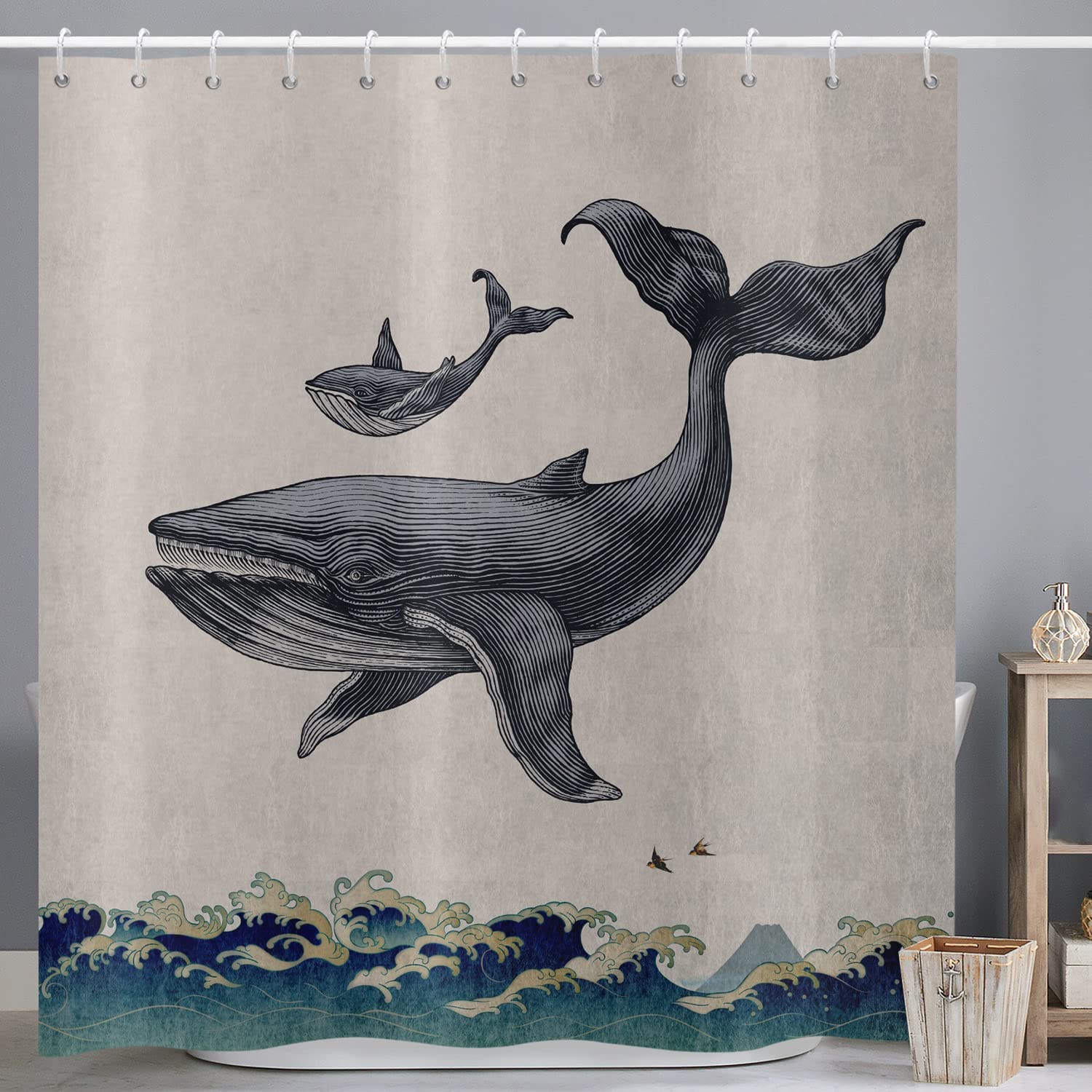 ASDCXZ Shower Curtain Fish 180x180 cm, Hand Painted Marine Animals Whale Fish Sea Wave Beige Washable Bath Shower Curtains Polyester Textile Waterproof Shower Curtain for Bathtub with 12 Hooks