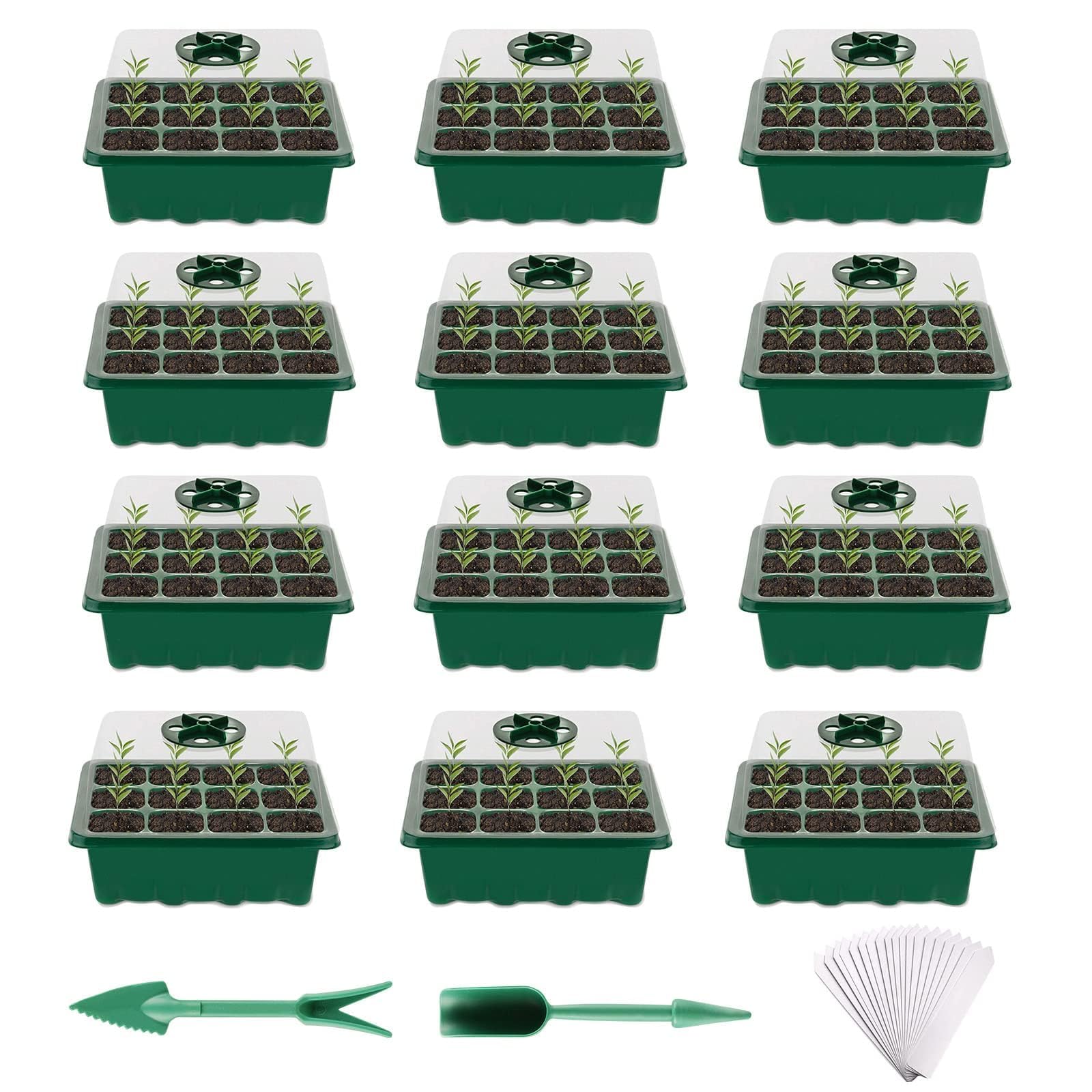 Fuuner Seed Trays 12 Pack, 144 Cell Seedling Tray Kit, Propagators for Plants with Lids, Adjustable Vents Dome & Base, Seed Starter/Seed Propagator for Greenhouse Germination