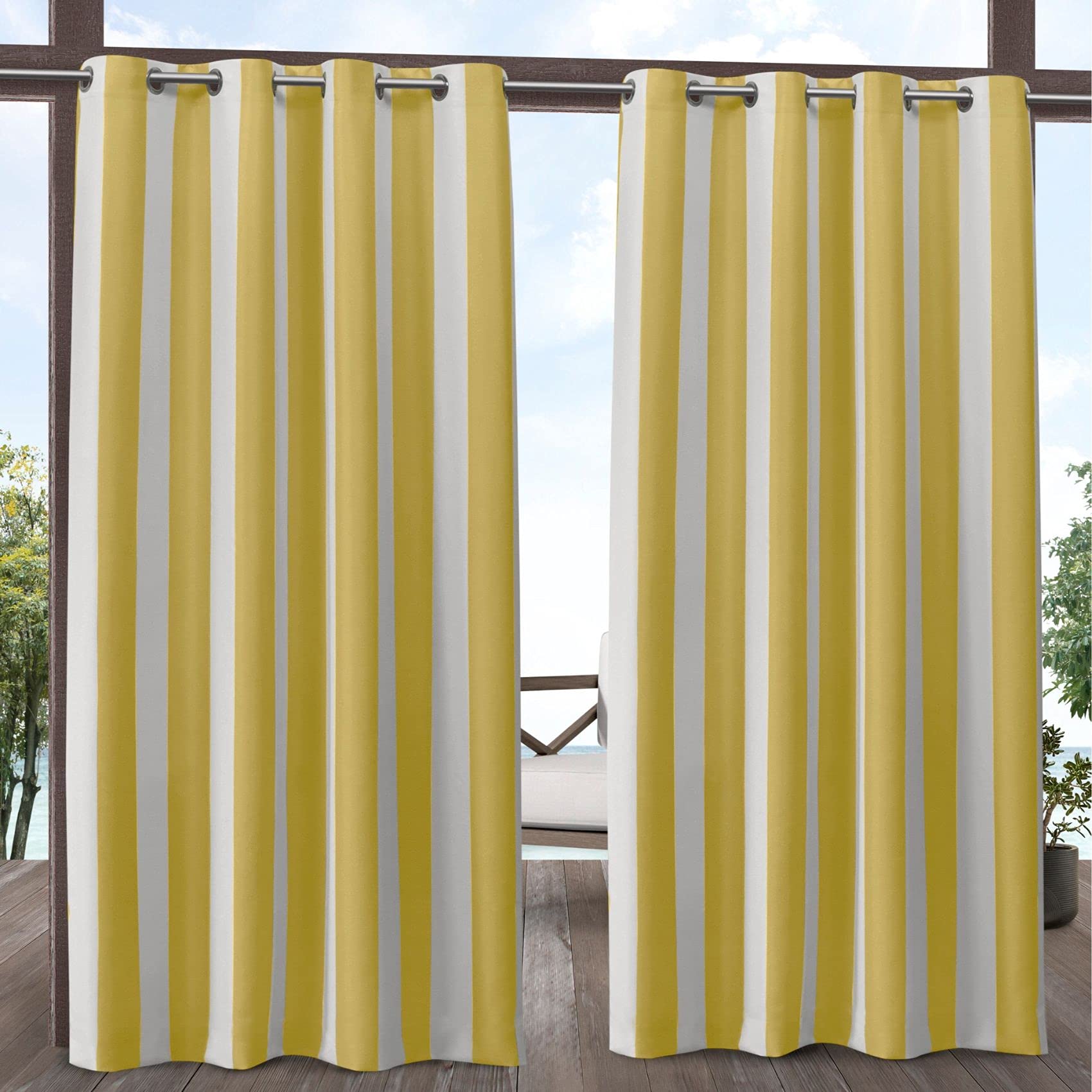 Photo 1 of Exclusive Home Canopy Stripe Indoor/Outdoor Grommet Top Curtain Panel, 54"x84", Sunbath / White, Set of 2