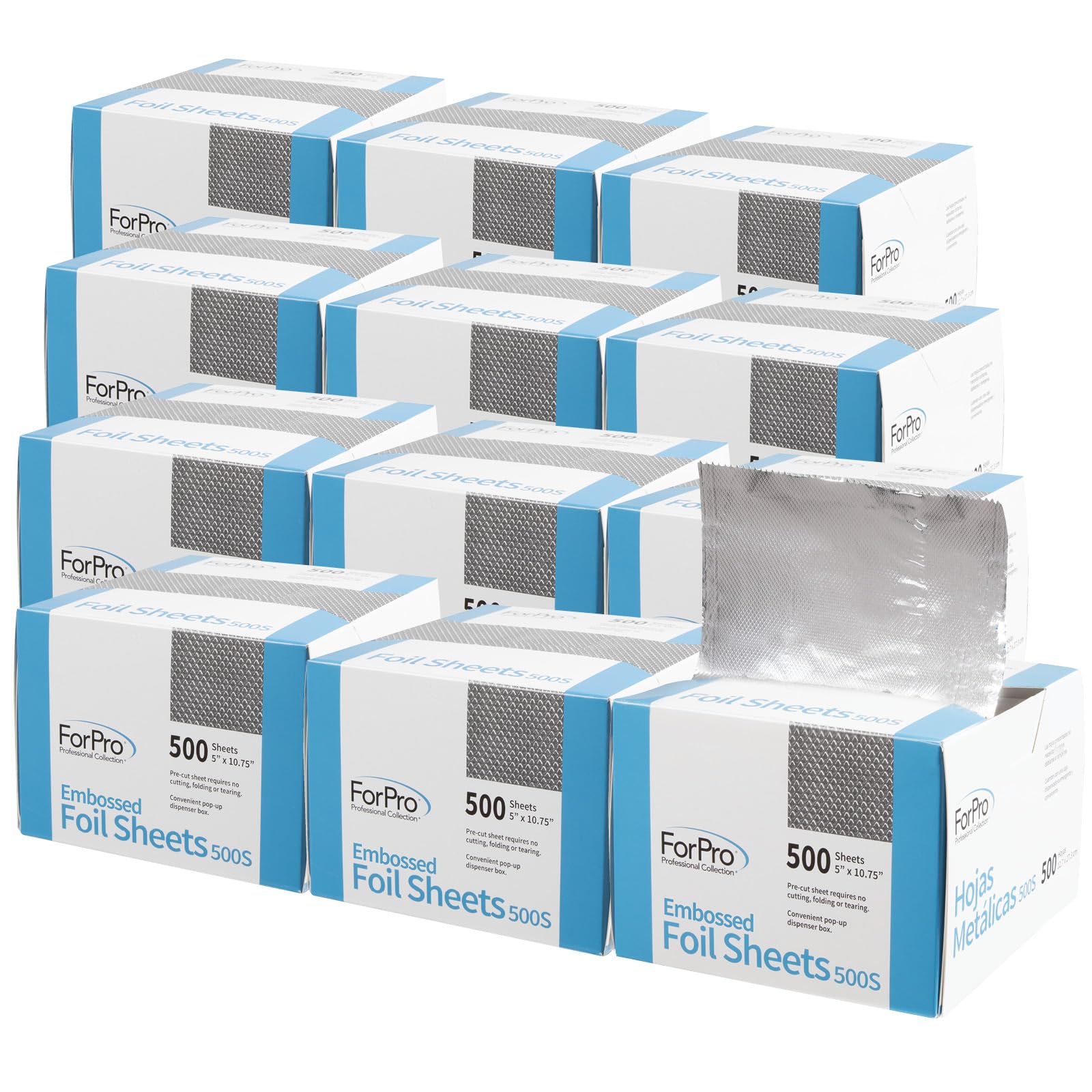 Photo 1 of ForPro Professional Collection Embossed Foil Sheets 500S, Aluminum Foil, Pop-Up Dispenser, for Hair Color Application and Highlighting Services, Food Safe, 5” W x 10.75” L, 500-Count (Pack of 12)