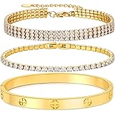 MVCOLEDY 18K Gold Plated Love Bangle Bracelet Set Cubic Zirconia Classic Stainless Steel Adjustable CZ Gold,Silvery,Colorful CZ Love Bracelets Stack for women