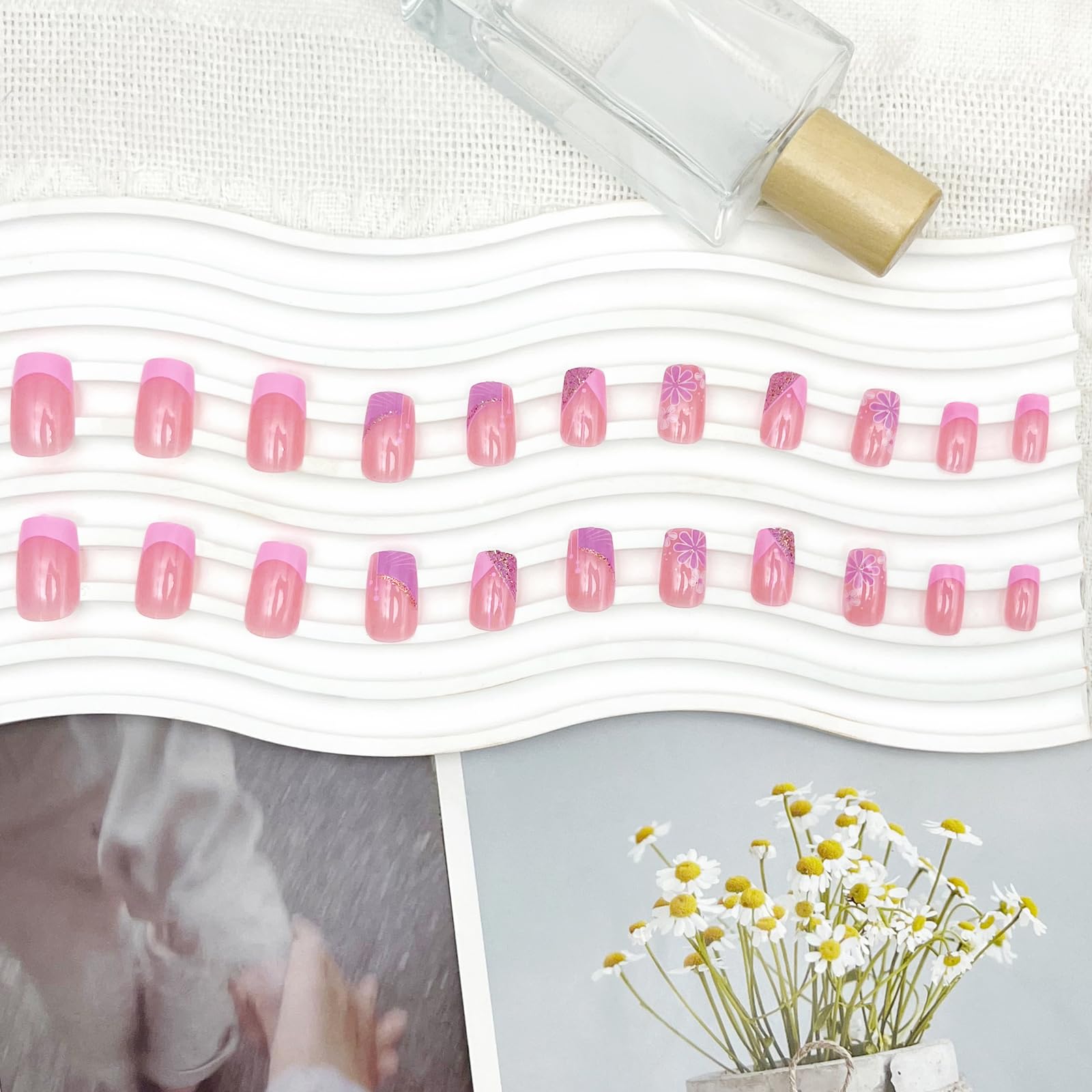 YOSOMMK French Flower Fake Nails Square Short Press on Nails with Glitter Sequins Designs Glossy False Nails Pink Stick on Acrylic Nails for Women and Girls - Image 5