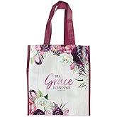 Christian Art Gifts Reusable Fashion Shopping Tote Bag for Women: His Grace - 2 Corinthians 12:9 Bible Verse Non-woven Inspirational Durable Floral Pink Tote Bag for Groceries, Books, and Supplies