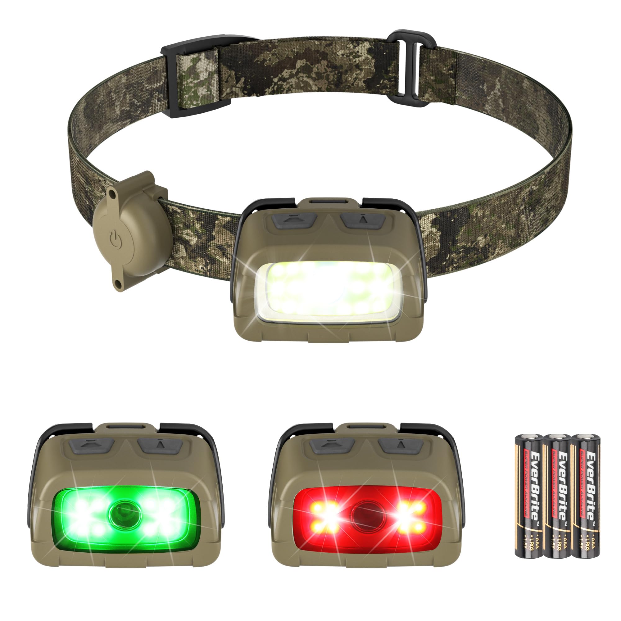 Photo 1 of EverBrite Headlamp, 300 Lumens Head Lamp for Adults, 7 Modes with White/Red/Green Light, 30°Adjustable LED Headlight for Camping, Running, Hunting, 3 AAA Batteries Included