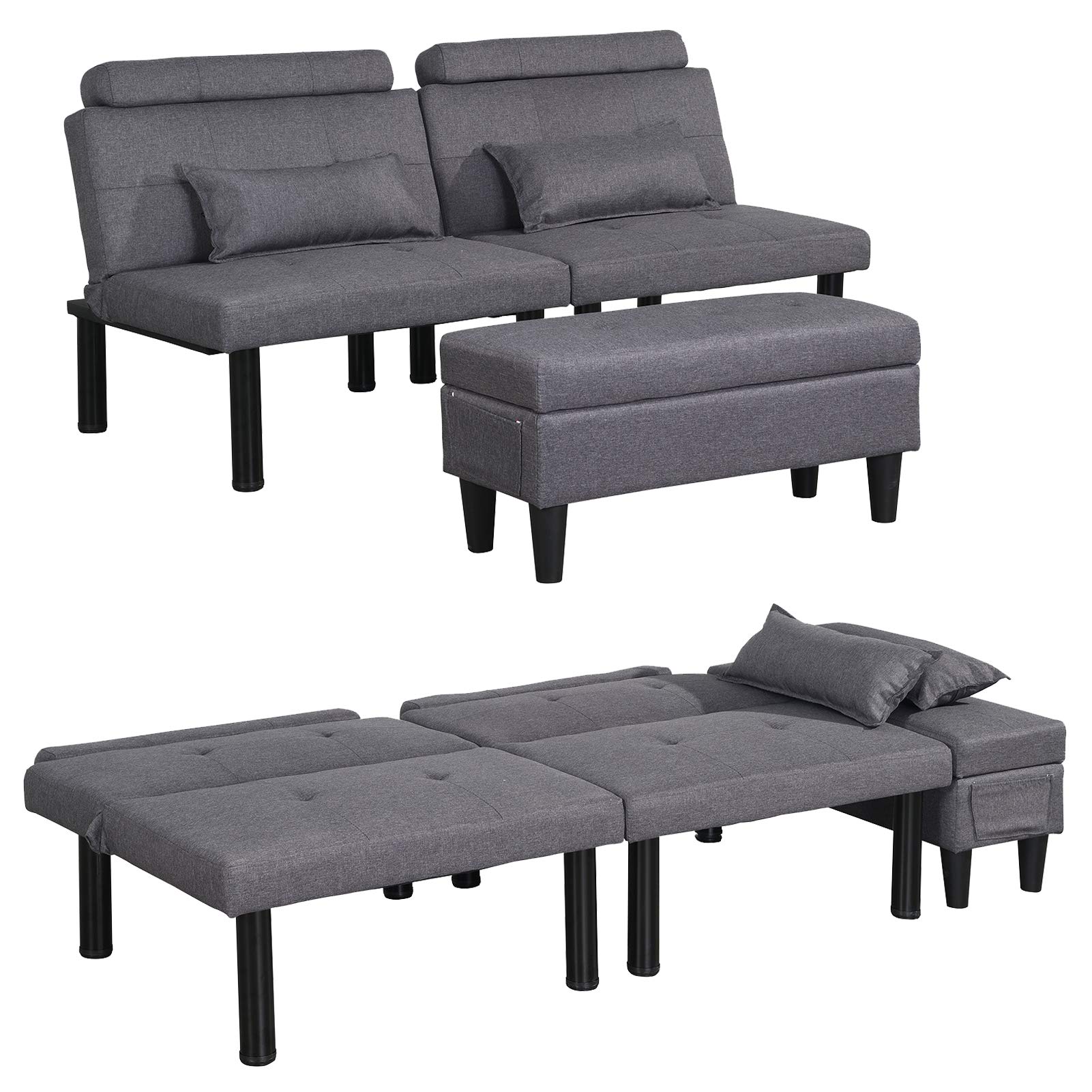 Futon Sofa Bed Couch and Sleeper with Storage Ottoman Footstool/Coffee Table and 2 Lumbar Pillows, Adjustable Convertible Tufted Futon Sofa Bed Sleeper Couch Loveseat for Small Spaces Metal Leg, Linen