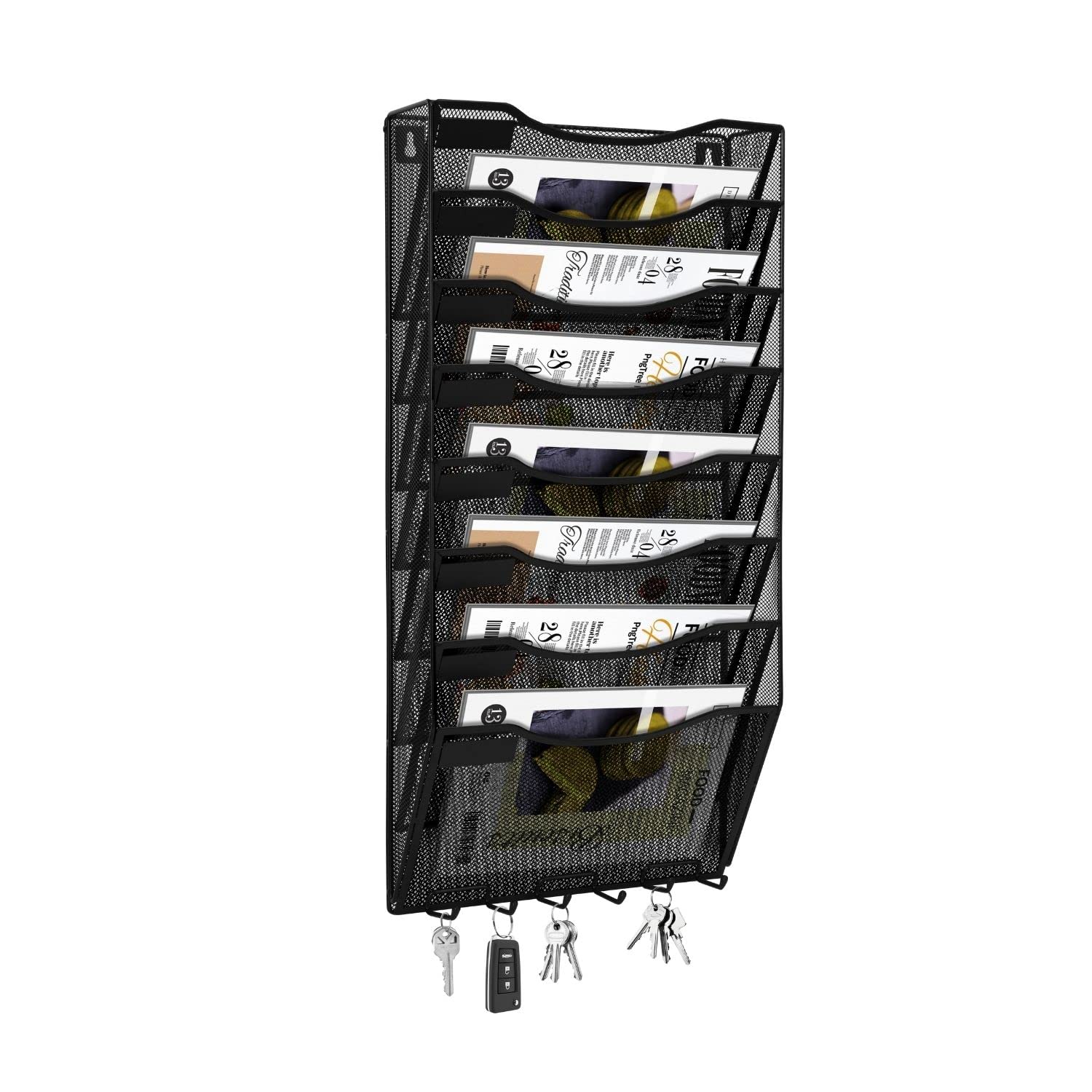 Flexzion Metal Wall Hanging File Organizer 8-Pocket Black Mesh Office School Home Wall Mounted Hanging Paper Organizer with Key Hooks and Label Plates