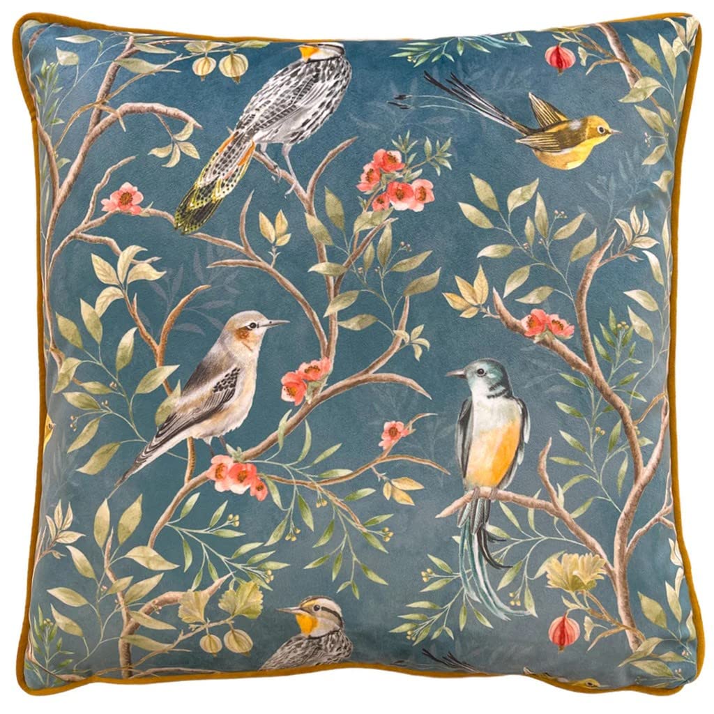 furn. Wylder Tropics Orient Cushion Cover – Velvet Chinoiserie Birds Floral Design (Slate Blue – 43 x 43 cm)