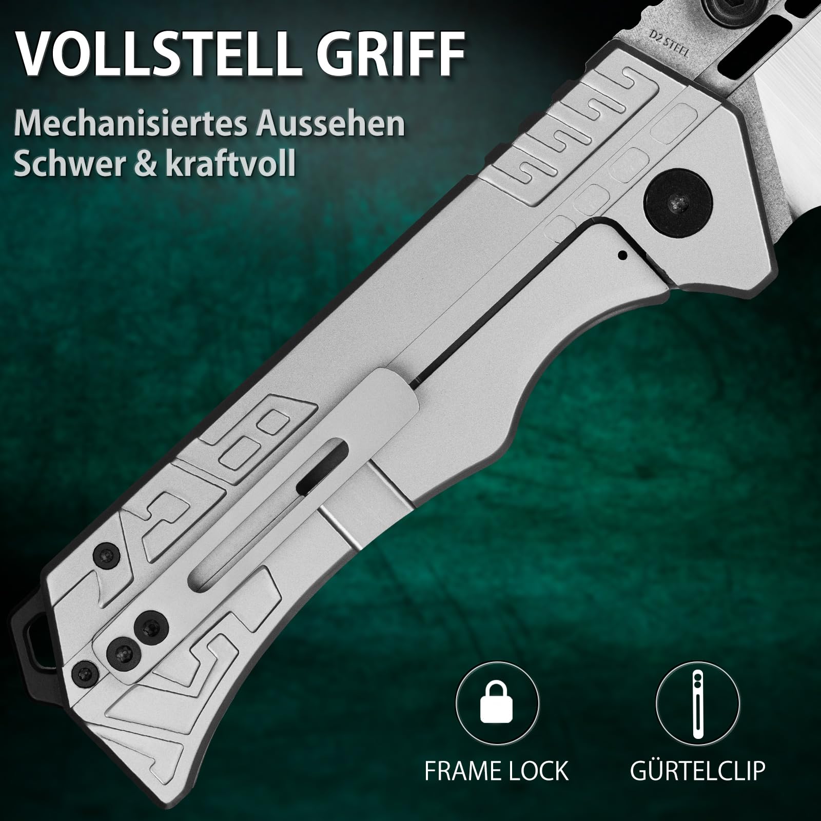 LOTHAR LORD Klappmesser, D2 Stahl Einhandmesser mit Gürtelclip, 420 Stahl Griff, Großes Outdoor Messer, Geeignet für Sammlung 3