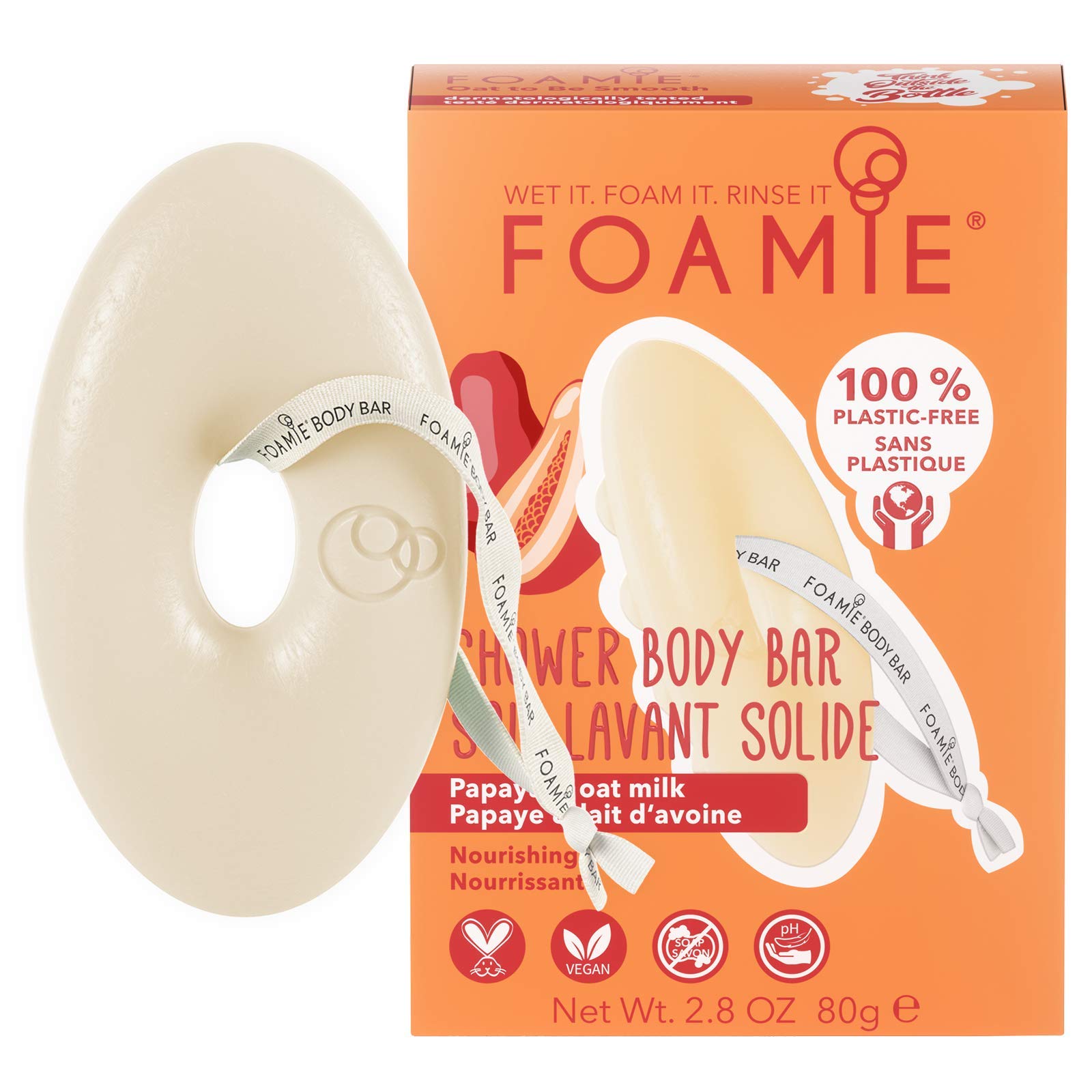 FOAMIE Shower Body Wash Bar, Papaya & Oat Milk. Plastic-Free, Soap-Free, No Sulphates or Parabens. Made Sustainably in the UK. 100% Vegan and Cruelty free. Environmentally friendly solution.
