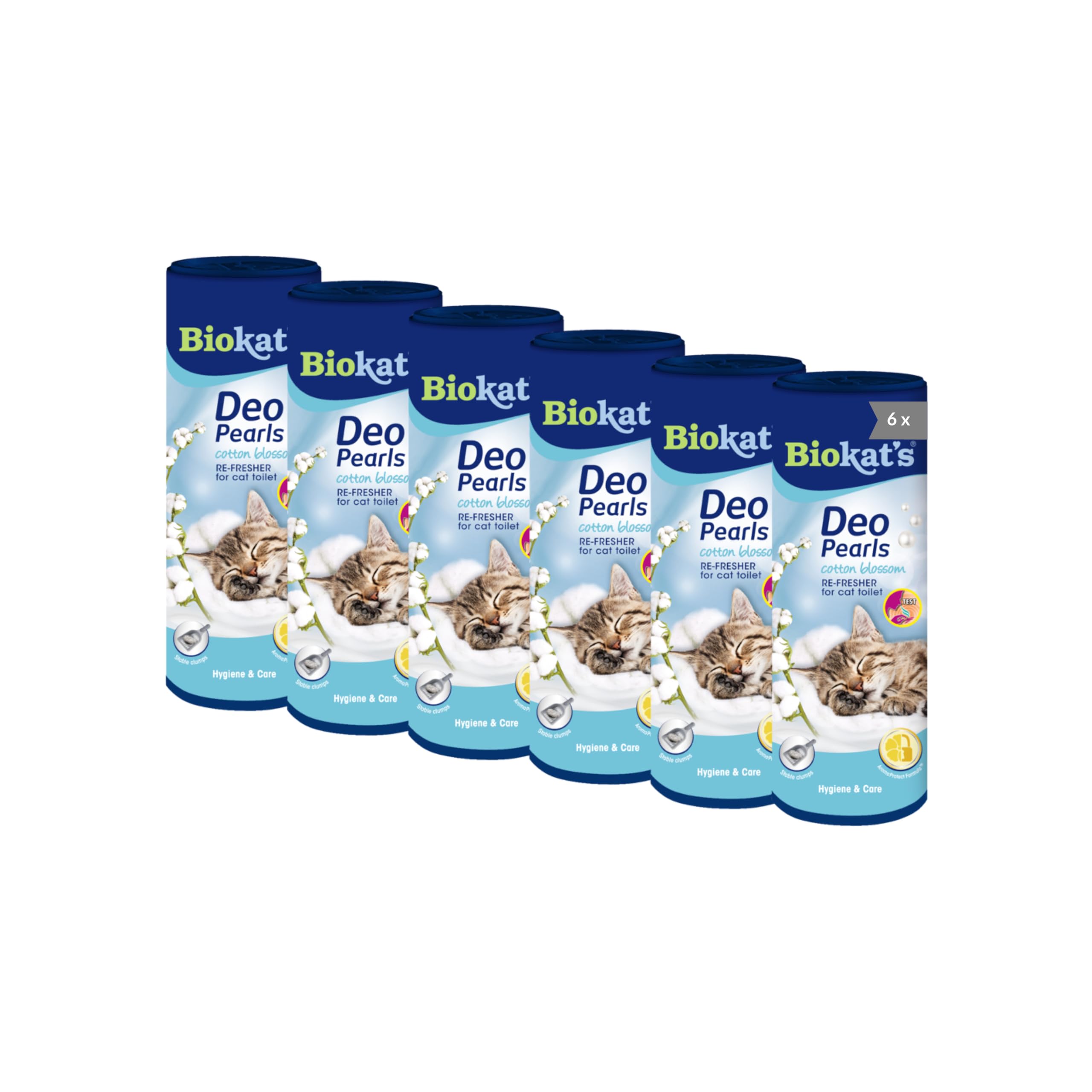 Biokatʼs Deo Pearls Cotton Blossom - Scented cat litter additive for freshness and solid clumps in the litter tray - 6 tubes (6 x 700 g)