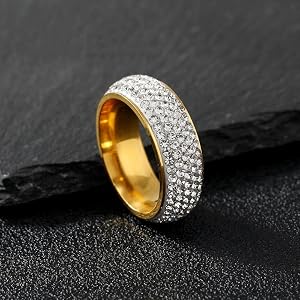 Exquisite Sparkling Five Row Zircon Stainless Steel Engagement Wedding Ring | Colorfast Couple Rings, Sparkly Party Jewelry,