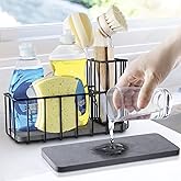 Kitchen Sink Countertop Sponge Holder - Stainless Steel Soap Caddy - Home Decor Kitchens Counter Organizer Accessories - Dish Brush Holder with Drain Rack and Tray - Organization and Storage Gadgets
