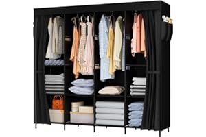 LOEFME Closet Wardrobe, Portable Closet with 6 Storage Shelves, 4 Hanging Sections and 4 Side Pockets, 63 x 15.7 x 70.8 Inch Portable Closets for Bedroom, 13Compartments, Black