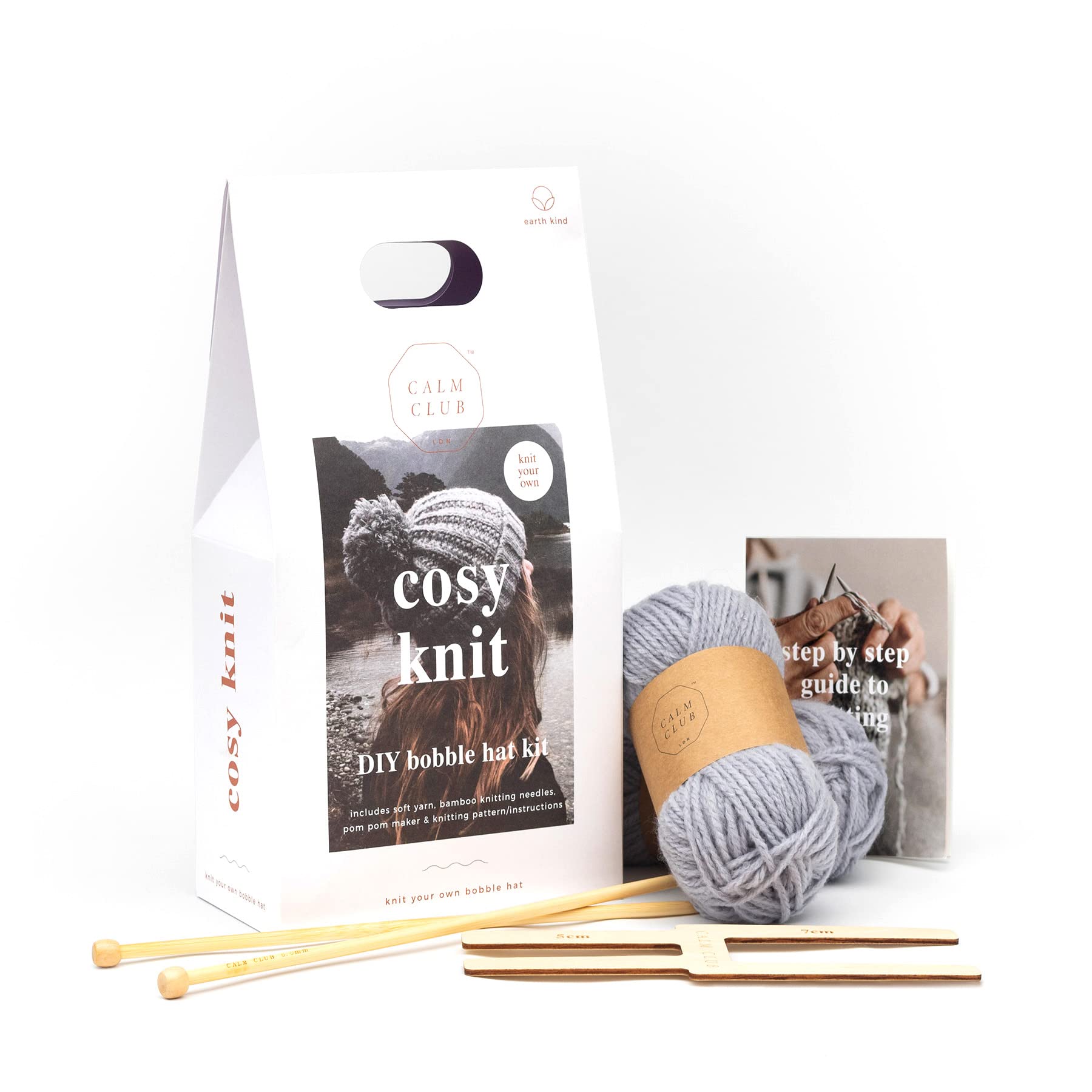 Calm Club - Knitting Kit | Winter Hat Crochet Kit | Beginners Knitting Set | Includes Knit Needles | Chunky Wool & Guide | Bobble Hat Crochet Kits for Beginners Accessories Gifts