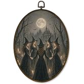cvjutf Vintage Halloween Gothic Witch Wall Art Decor Framed, 8.7x11.3in | Dark Academia Moody Witches Coven Oval Wall Decor, Halloween Gothic Witchy Moon Canvas Prints Art for Living Room Bedroom