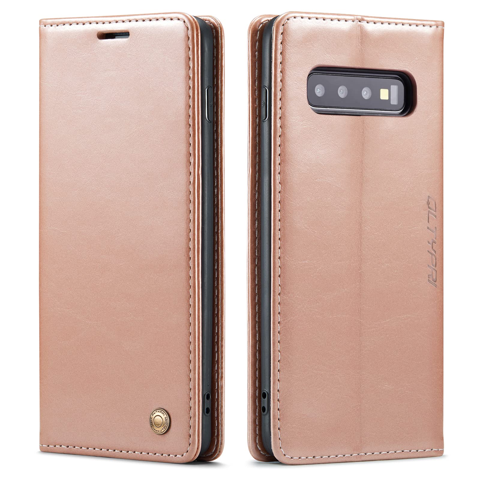 QLTYPRI Case for Samsung Galaxy S10, Vintage PU Leather Wallet Case Card Slot Kickstand Magnetic Closure Shockproof Flip Folio Case Cover for Samsung Galaxy S10 - Rose Gold