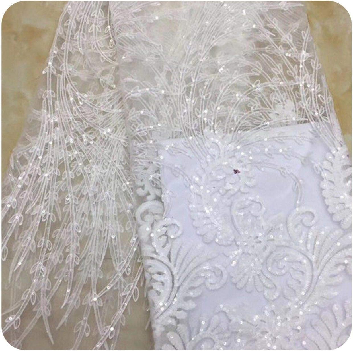 French Nigerian Sequins Net Lace African Tulle Mesh Sequence Lace Fabric for Party Dress 5 White