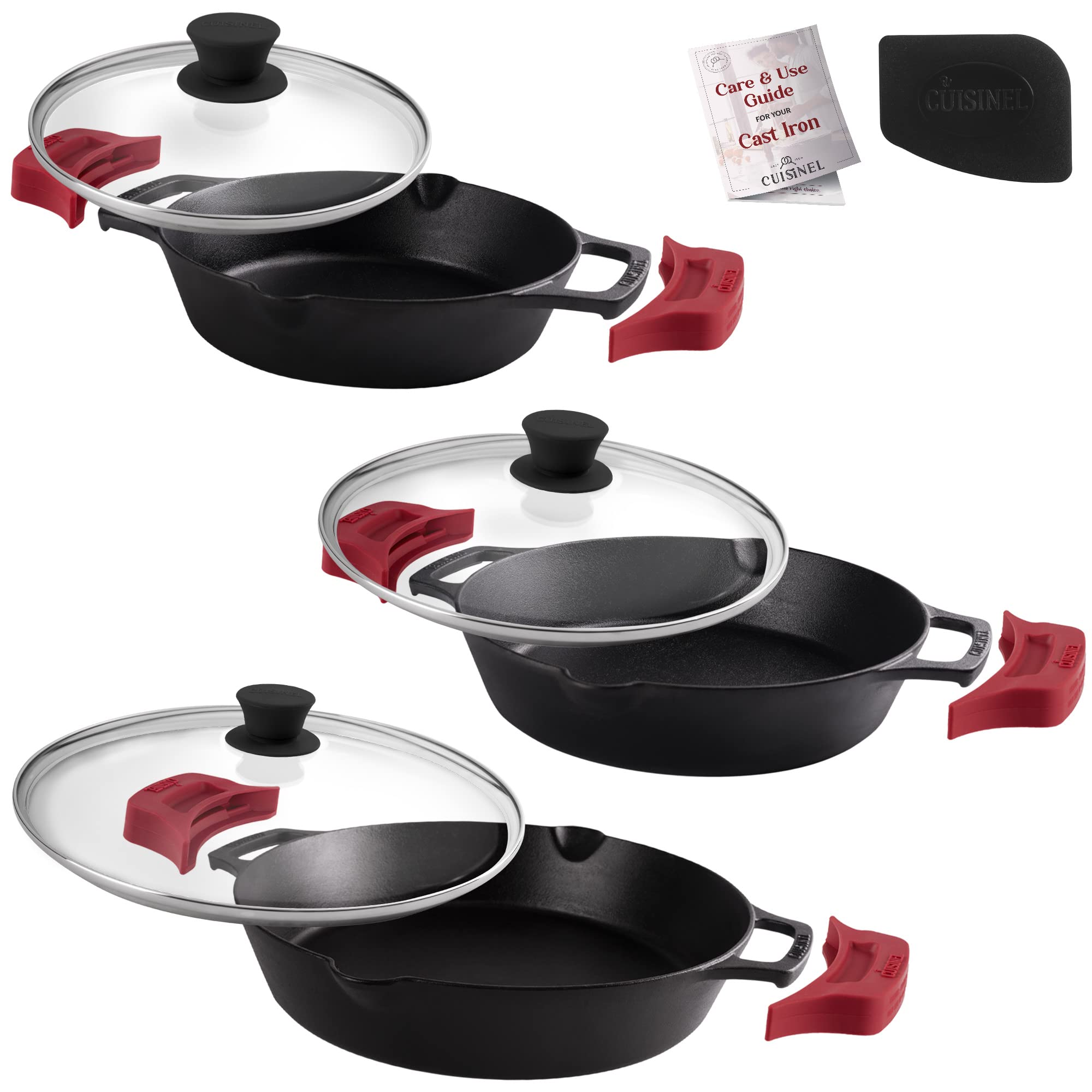 Cast Iron Skillet Set - 8"+10"+12"-Inch Dual Handle Frying Pans + Glass Lids + Silicone Handle Holder Covers - Pre-seasoned Oven Safe Cookware - Indoor/Outdoor Use - Grill, Stovetop, Induction Safe Image