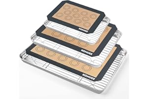 KOMUEE 9-Piece Baking Sheet, Cooling Rack with Silicone Mat Set (3 Pans + 3 Racks + 3 Mats), Stainless Steel Cookie Sheet with Cooling Rack and Baking Mat, Non Toxic & Easy Clean
