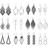 12 Pairs Drop Dangle Earrings Bohemian Long Earrings Vintage Statement Jewelry Holiday Gift for Women(Silver, Black)
