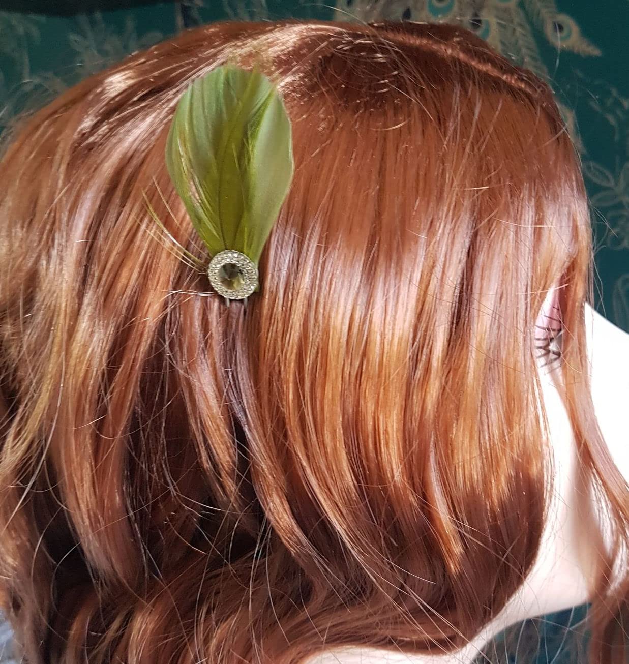 Bridal Bridesmaid Feather Hair Grip Prong, Olive Green and Gem Hair Piece