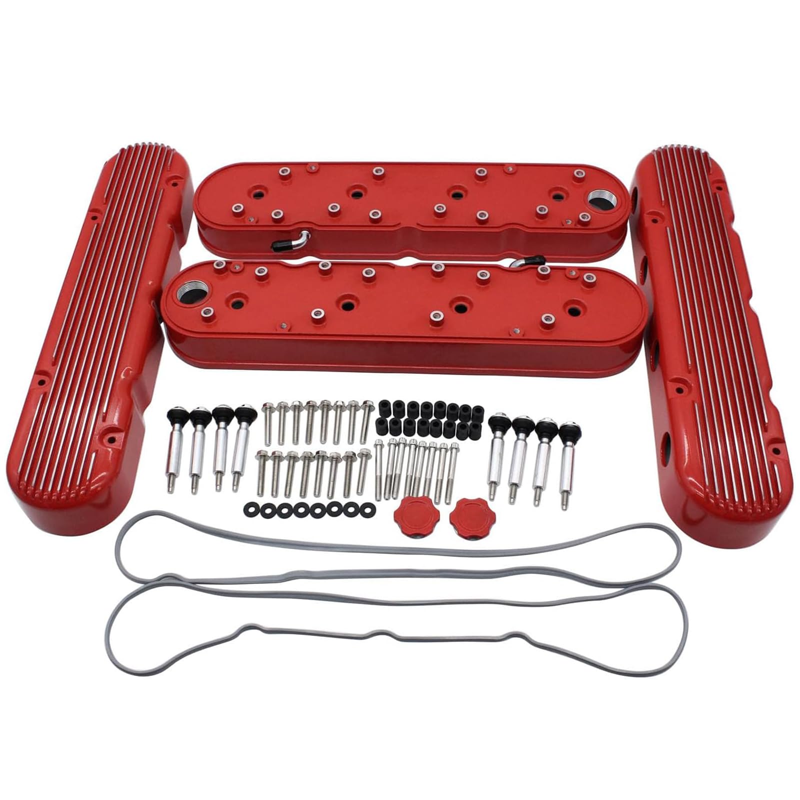 Photo 1 of 1 Pair Aluminum 2-PC Finned Gloss Red Valve Covers Fits for Chevy Small Block LS1 LS2 LS3 LSX Engines