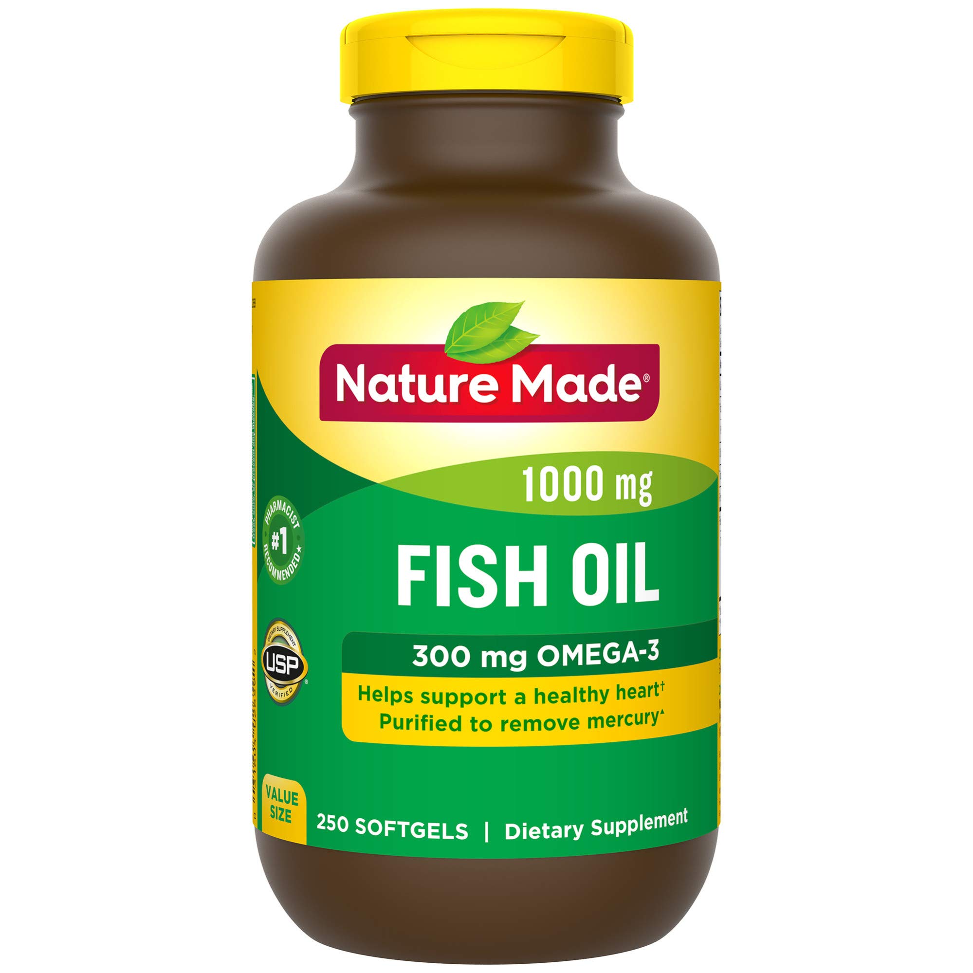 Nature Made Fish Oil 1000 mg Softgels, 250 Count Value Size for Heart