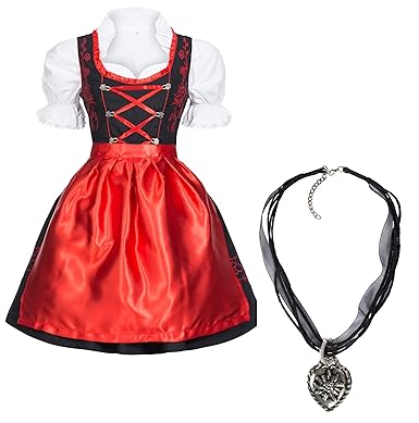 Gaudi-Leathers Dirndl Set 4 TLG. Trachtenkleid schwarz mit rot filigraner Stickerei Miederhaken + Dirndlkette mit Herz Anhäng