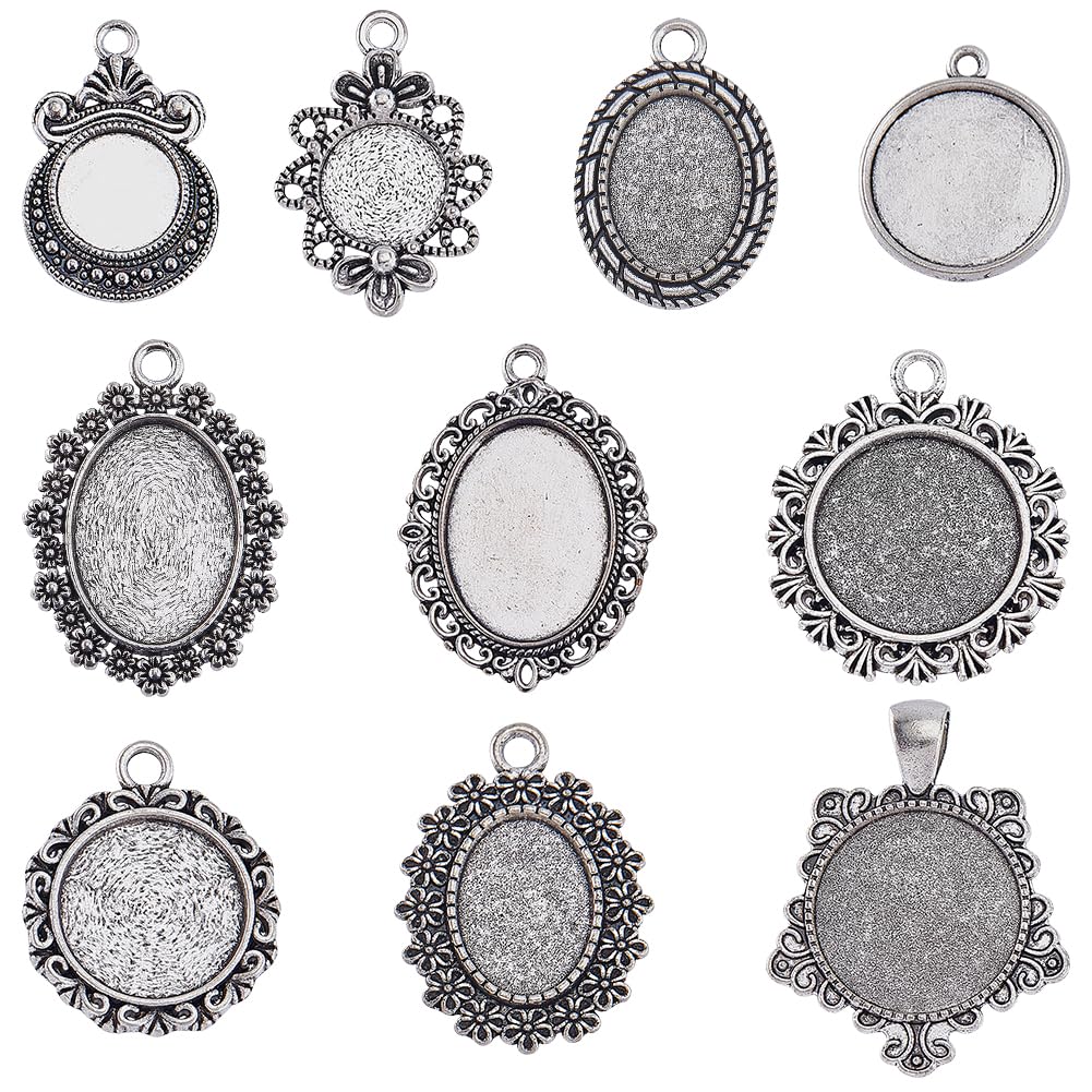 SUNNYCLUE 1 Box 40Pcs Pendant Trays Charm Cabochon Bezels 12mm~18x25mm Round Oval Cabochons Vintage Style Antique Silver Blank Bezel Tray Memorial Photo Charms for jewellery Making Charms DIY Bouquet