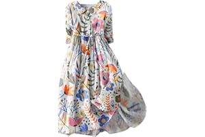 ZWRXW Cotton Linen Dresses for Women 2024 Vintage Short Sleeve Flowy Beach Dress Collar V Neck Button Down Pleated Midi Dress