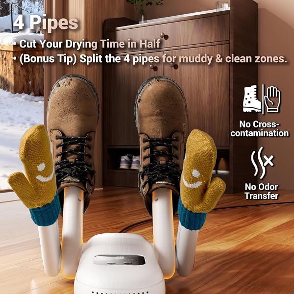YSCHOIS BOOT DRYER, SHOE DRYER, ELECTRIC GLOVES WARMER | BOOST MODE, 4-PIPES WITH TIMER, UV LIGHT SANITIZATION & ODOR ABSORPTION, QUIET PORTABLE WARMER FOR SKI BOOTS, SHOES, GLOVES, SOCKS, HATS
