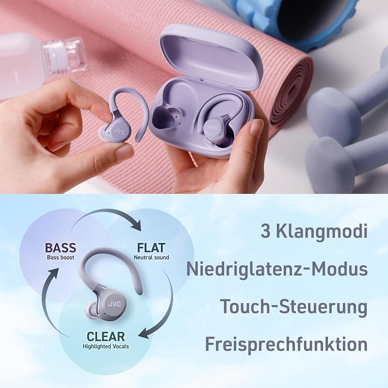 Fitness Series True Wireless Sport-Kopfhörer mit verstellbaren Bügeln, Active Noise Cancelling, Umgebungsmodus, IP57, 40 Std. Akkulaufzeit, App-EQ, geringe Latenz, Mikrofon – JVC HA-EC75T-V Violett