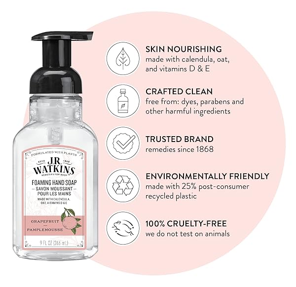 J.R. WATKINS FOAMING HAND SOAP WITH PUMP DISPENSER, MOISTURIZING FOAM HAND WASH, ALCOHOL-FREE AND CRUELTY-FREE, PAMPLEMOUSSE/GRAPEFRUIT, 9 FL OZ, 3 PACK
