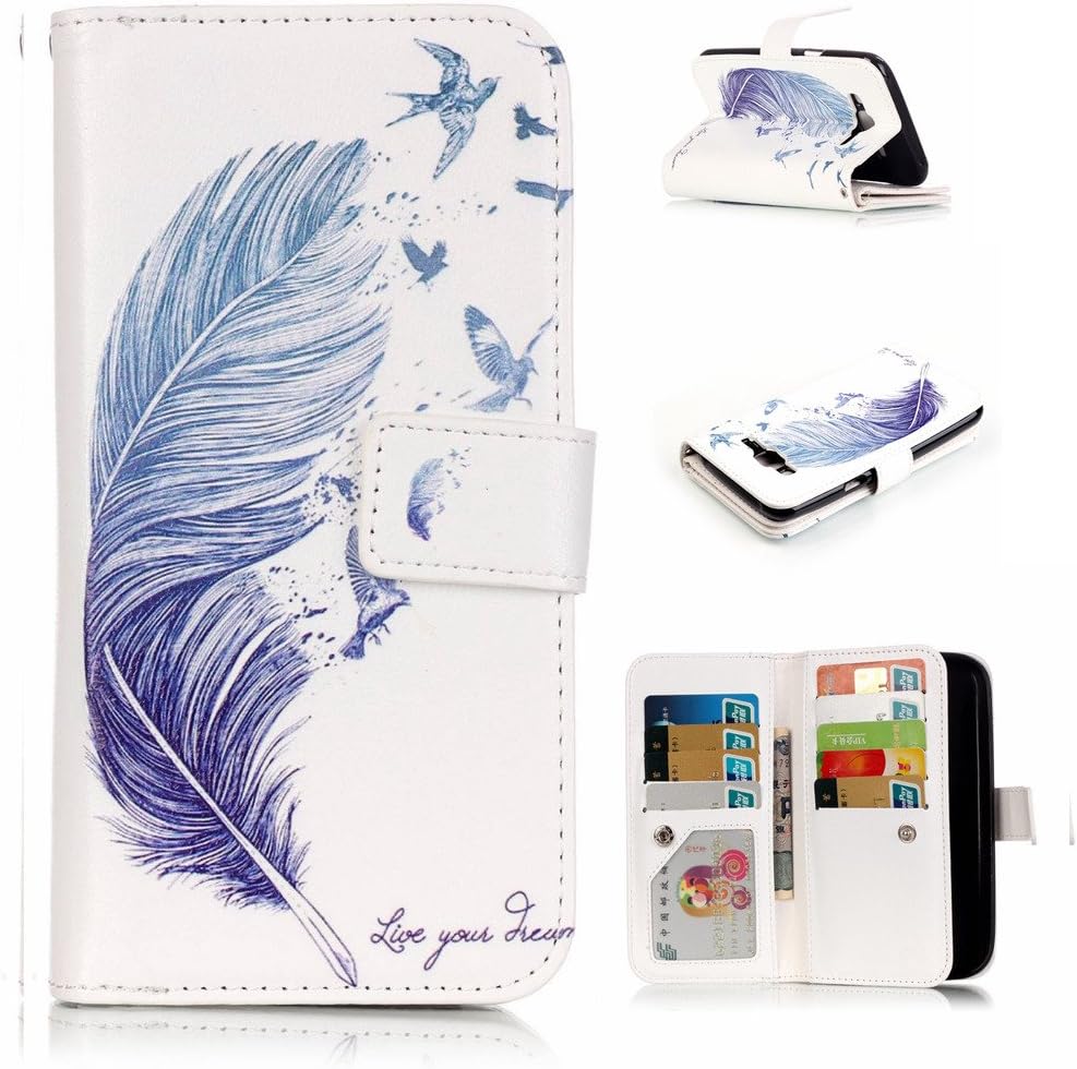 For Samsung Galaxy J5(2015) Case [with Free Screen Protector], Qimmortal Anti Scratch Flip Soft Silicone Back Cover Case ,Stylish Printed Cute Colorful Pattern Magnetic Detachable Premium PU Leather Stand Function Folding Magnetic Credit Card Holders Case Cover For Samsung Galaxy J5(2015)(Blue feather)