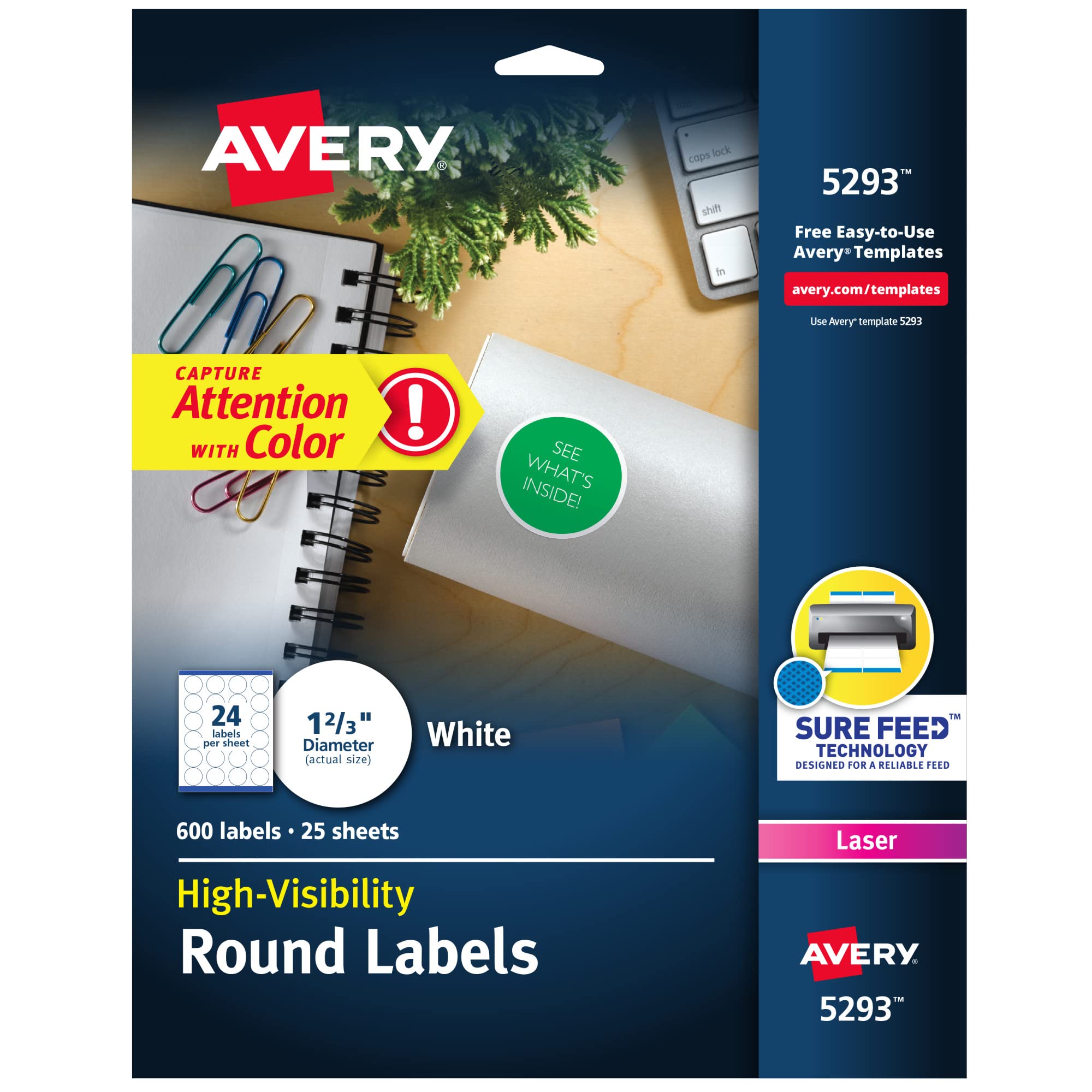 Photo 1 of Avery High Visibility Round Labels, Sure Feed Technology, 1-2/3" Diameter, White Customizable Blank Labels, Laser Printable, 600 Total (5293)