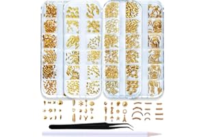 SILPECWEE 1200Pcs Gold Metal Nail Art Studs Set Feather Shell Nail Charm Flat-Back Nail Crystals Manicure 3d Decoration With 1Pc Tweezers 1Pc Picker Pencil
