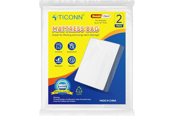 TICONN 2PK Plastic Mattress Bag for Moving Storage, Waterproof Mattress Protector Cover, Heavy-Duty Mattress Moving Supplies