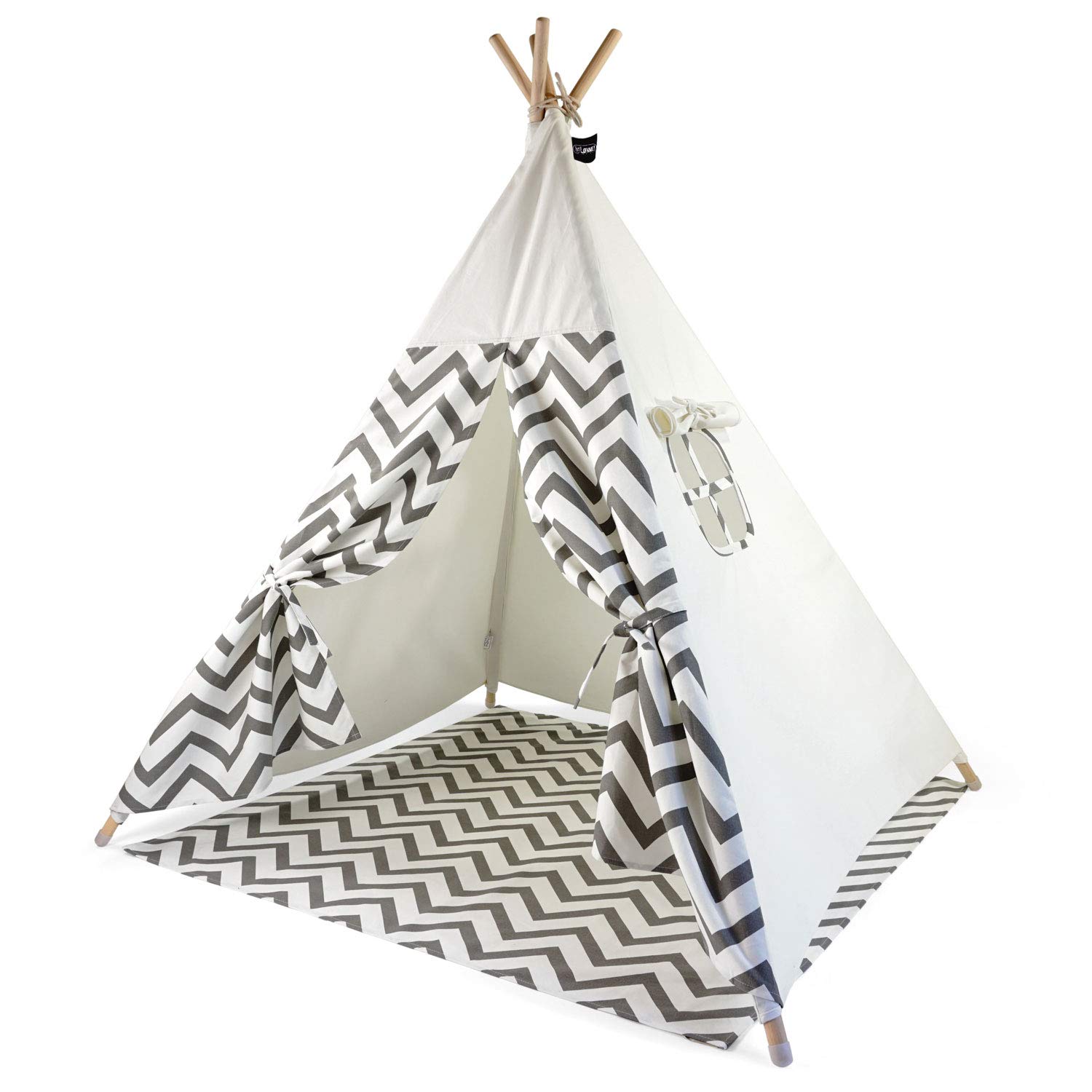 Hej Lønne Kids Teepee White Tent with Grey Prongs, Approx. 120 x 120 x 150 cm, Play Tent with Ground Cover and Window, Includes Bag and Instructions, for Indoor and Outdoor Use, Non-Toxic