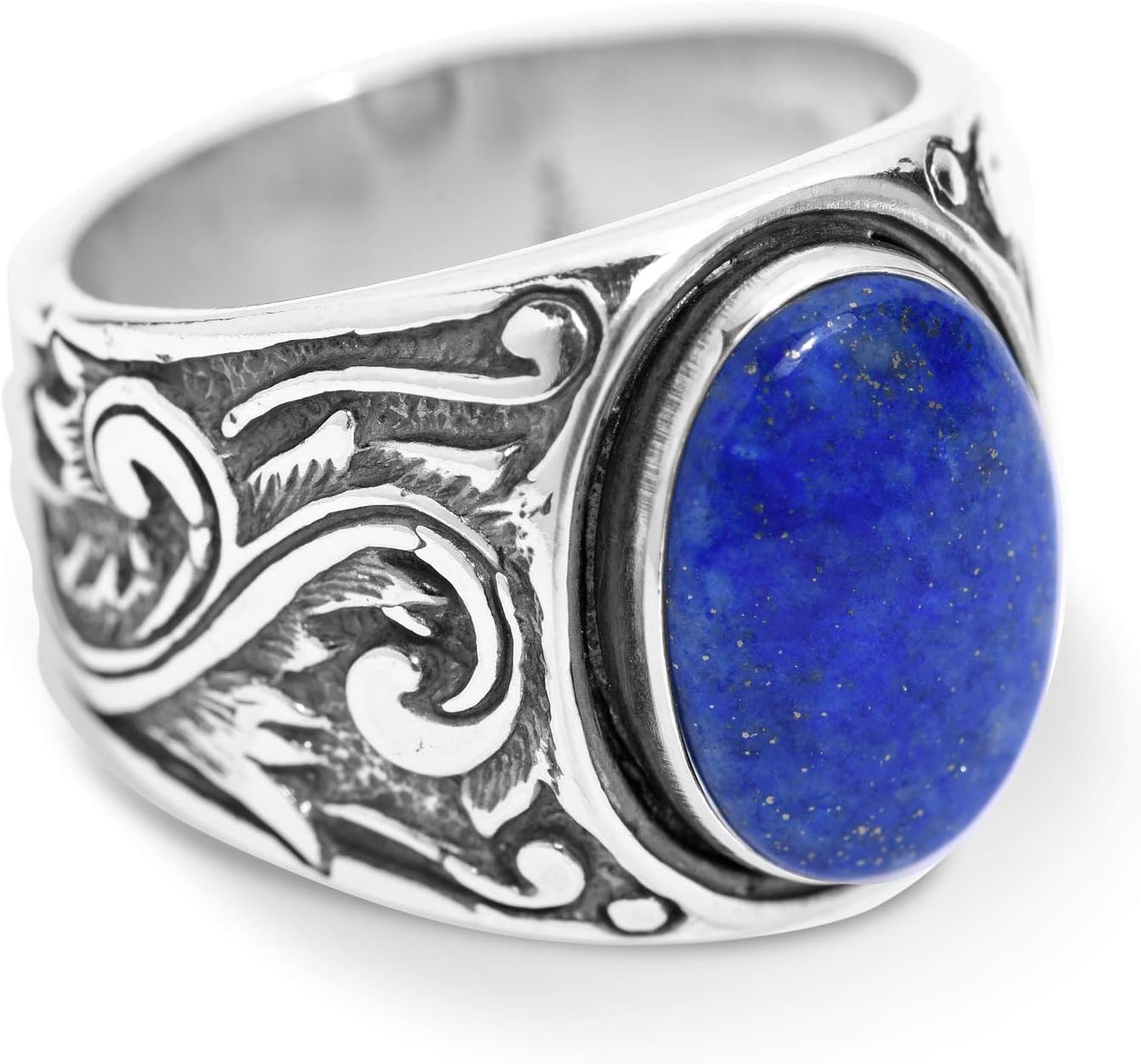 Sterling Silver Black Agate, Blue Lapis or Tiger Eye Gemstone Scroll Leaf Wide Ring Size 8 to 13