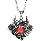 PAMTIER Men's Stainless Steel Vintage Evil Eye Demon Skull Head Oxhorn Pendant Necklace