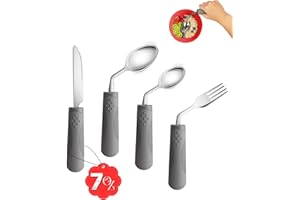 BaseSmall Adaptive Utensils (4-Piece Kitchen Set) Weighted 7 oz - 42° Angled Utensils for Parkinson's Patients, Hand Tremors, Arthritis & Elderly - Weighted Silverware for Hand Tremors (Left Handed)