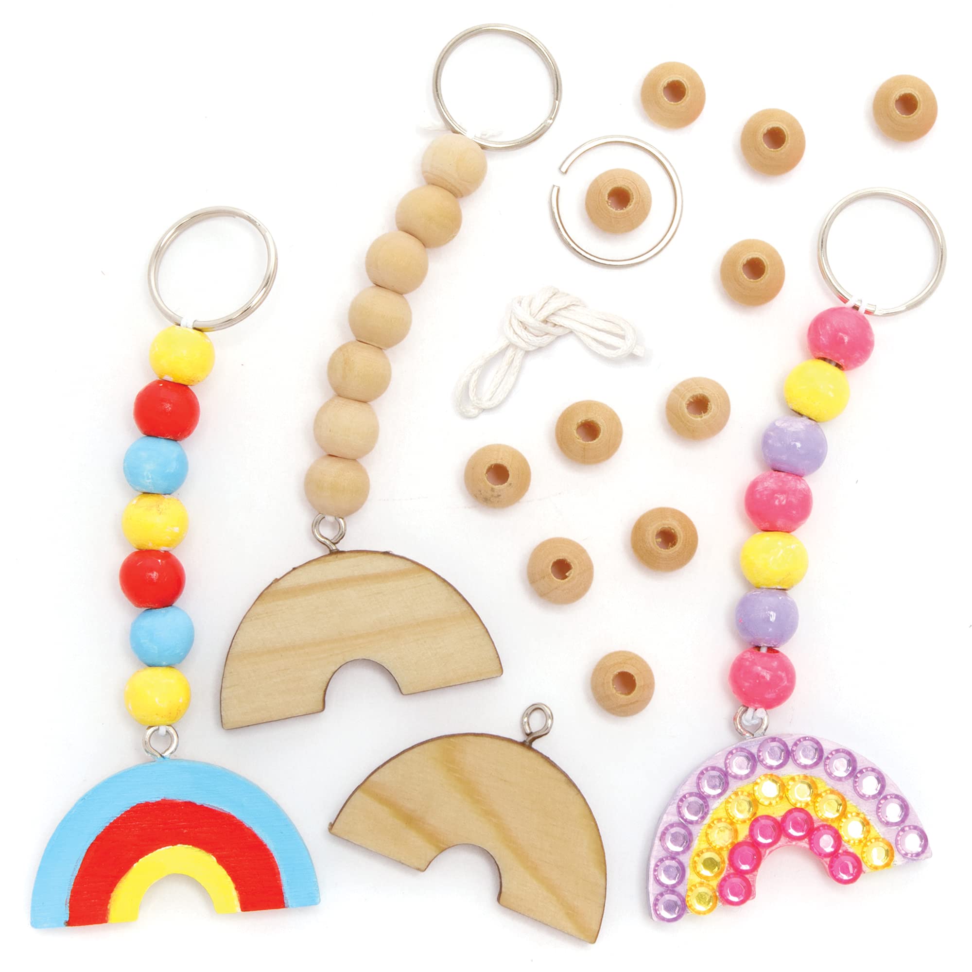 Baker Ross FE126 Rainbow Wooden Keyring and Bag Dangler Kits - Pack of 5, Key Chain for Kids, Make Your Own Keyrings, Keyring Making Kit for Children