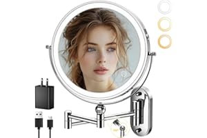 IMIKONA 9" Wall Mounted Lighted Makeup Mirror,4000mAh Rechargeable Double Sided 1X/10X Magnifying Mirror with Light,3 Color Lights,Touch Dimmable,Extended Arm 360 Rotation Wall Mounted Makeup Mirror