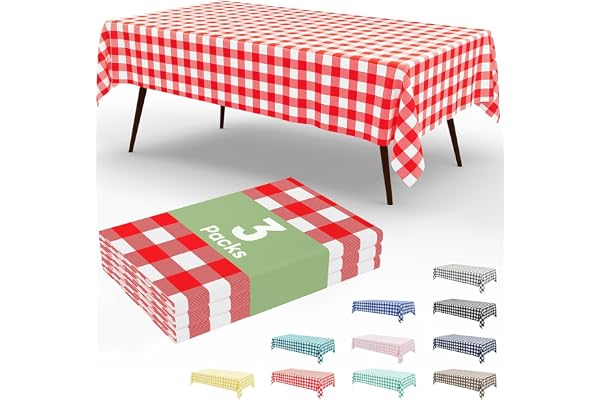 Smiry 3 Packs Gingham Disposable Tablecloths, 54 x 108 Inch Waterproof Plastic Table Cloth Rectangular, Red and White Checker