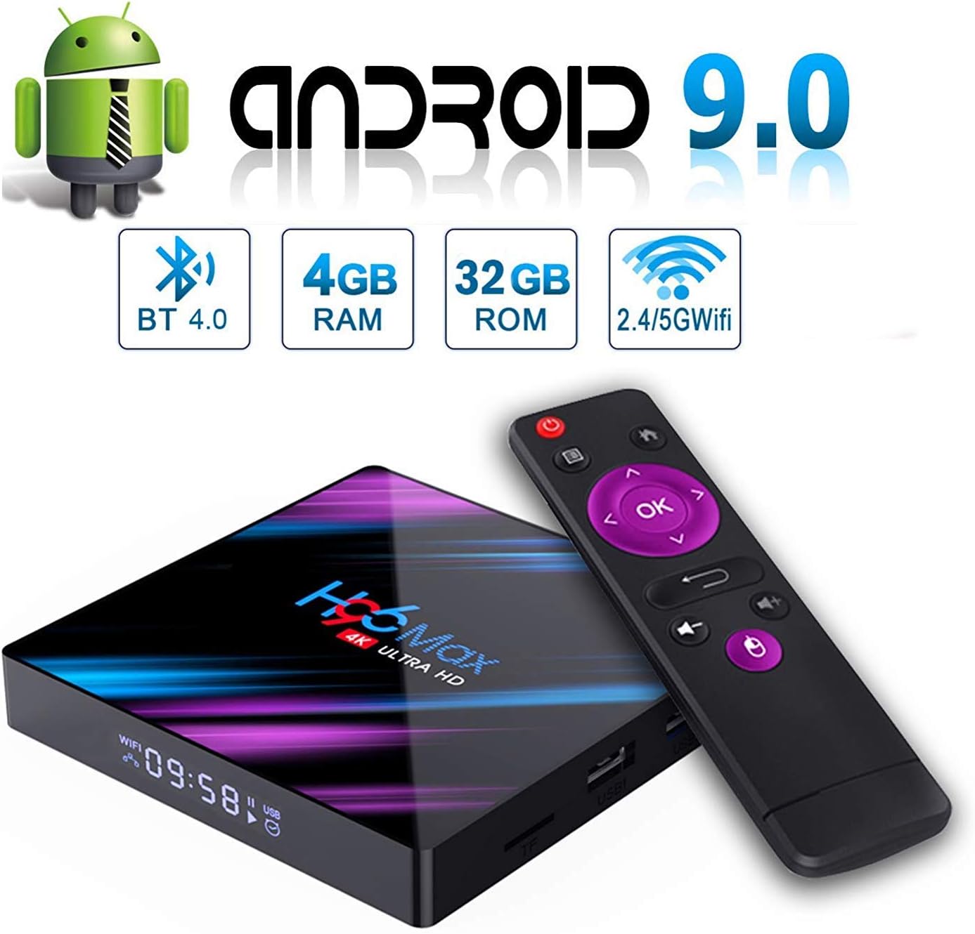 Android TV BOX, H96 MAX Android 9.0 TV BOX 4GB RAM/32GB ROM RK3318 Quad-Core Support 2.4/5Ghz WiFi 3D/4K H.265 Smart TV BOX