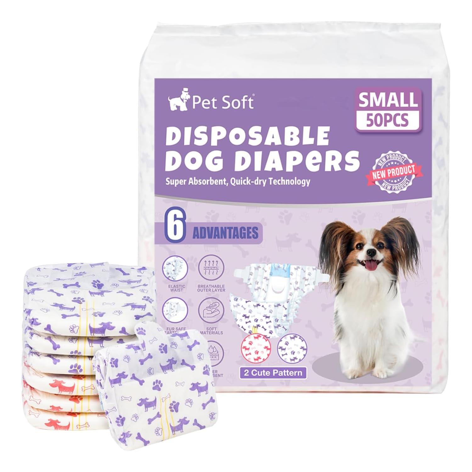 Photo 1 of Pet Soft Female Dog Diapers - Disposable Doggie Diapers with Wetness Indicator, Puppy & Cat Diaper Super Absorbent, Fit for Female Dog in Heat or Incontinence, 50pcs (S, Mixed)