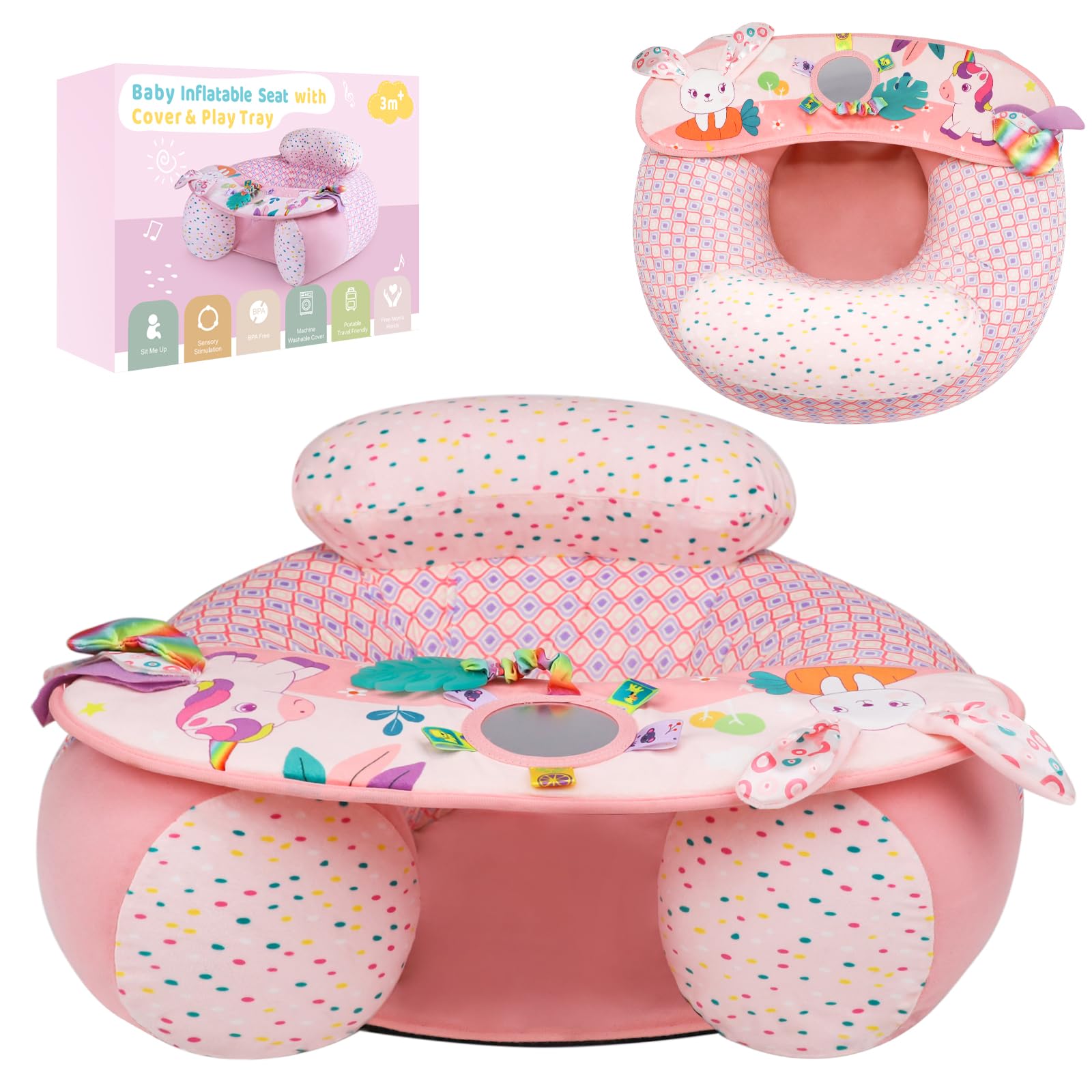 Photo 1 of Blublu Park Baby Donut Sit Me Up Floor Seat for 3-36 Months, Inflatable Baby Seat with Cover, Activity Chair for Sitting up, Sensory Tray Suitable for Development, Unicorn