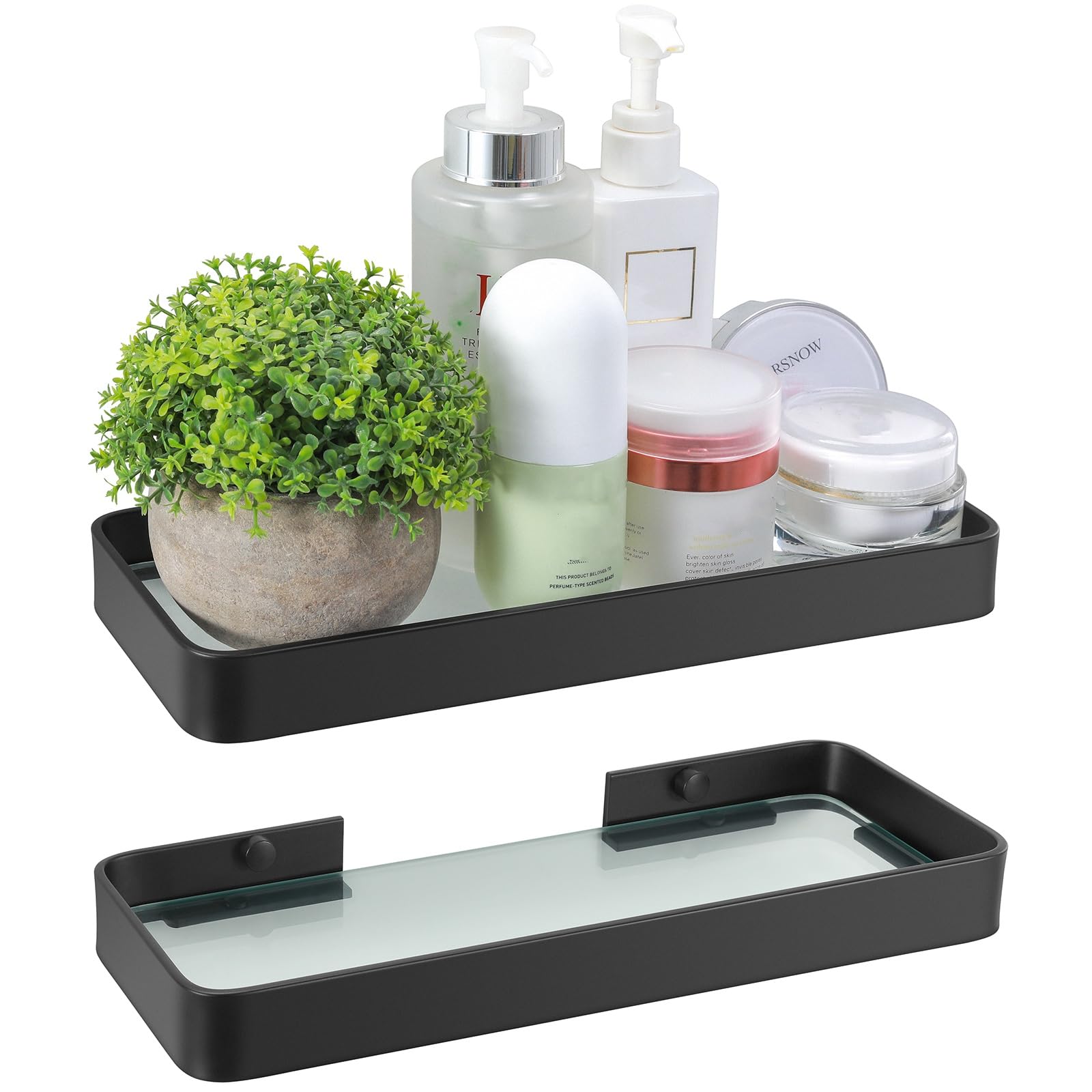Z metnal Small Tempered Glass Floating Shelves, 25cm Black Aluminum Bathroom Shelf With Clear Glass, Mini Wall Shelf for Shower Room Organizer, Wall Mounted, 2Pcs, 10 inch — image 1