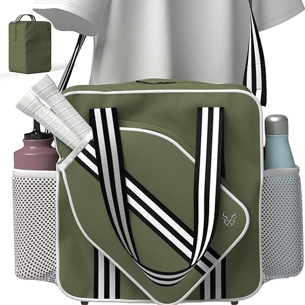 Pickleball Tote Bag With Adjustable Strap – 3 Compartments, Beige, 16.14"L X 7.36"W X 11.02"H