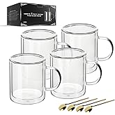 LIBWYS 12oz Double Wall Coffee Mugs (4-Pack) - Insulated Borosilicate Glass Cups with Handle for Espresso, Cappuccino, Latte - Heat Resistant, Dishwasher Safe Hot/Cold Beverage Glasses 350ml